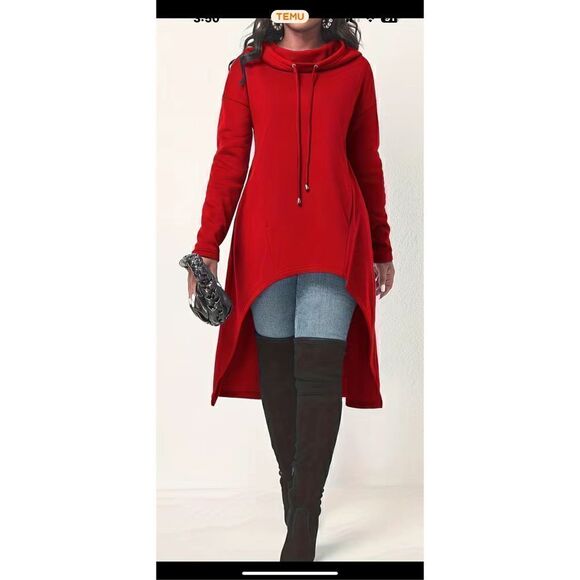 🔥Red High-low casual hoodie, long sleeve drawstring sweatshirt, size Lg/XL (14) - Picture 15 of 15